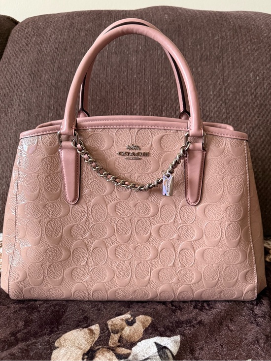 Coach Handbags - COACH Signature Logo Patent Leather Silver-Tone Margot Blush Pink Carryall Bag